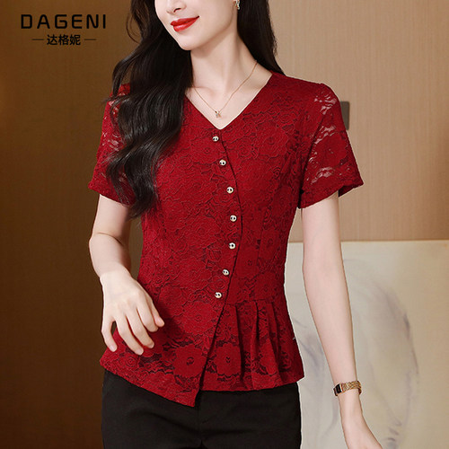 安可拉红洋气蕾丝短袖上衣