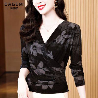 交叉V领网纱打底衫女蕾丝上衣