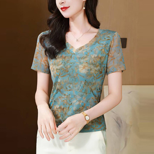 洋气碎花短袖V领T恤女网纱时尚减龄透气小衫夏季新款百搭显瘦上衣