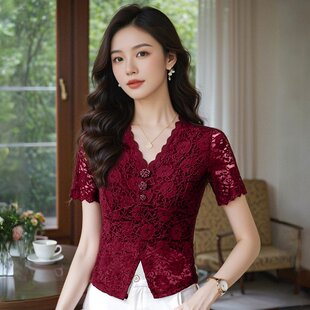 性感蕾丝短袖 小个子开叉半袖 上衣女2026夏季 镂空短款 t恤 新款 法式