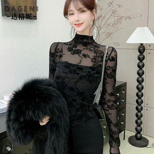 常规/加绒半高领轻熟网纱打底衫女内搭秋冬新款微透蕾丝长袖上衣