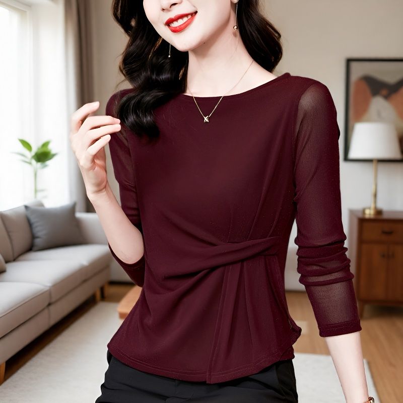 一字领气质网纱打底衫长袖t恤女2025秋季新款别致漂亮蕾丝衫上衣