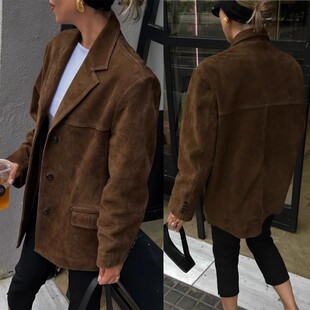 美拉德棕色西装 高级感复古懒惰风麂皮排扣廓形宽松休闲百搭外套