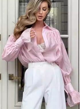 欧美风新款气质宽松翻领百搭长袖衬衫 Loose flared sleeve shirt