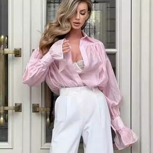 欧美风新款气质宽松翻领百搭长袖衬衫 Loose flared sleeve shirt