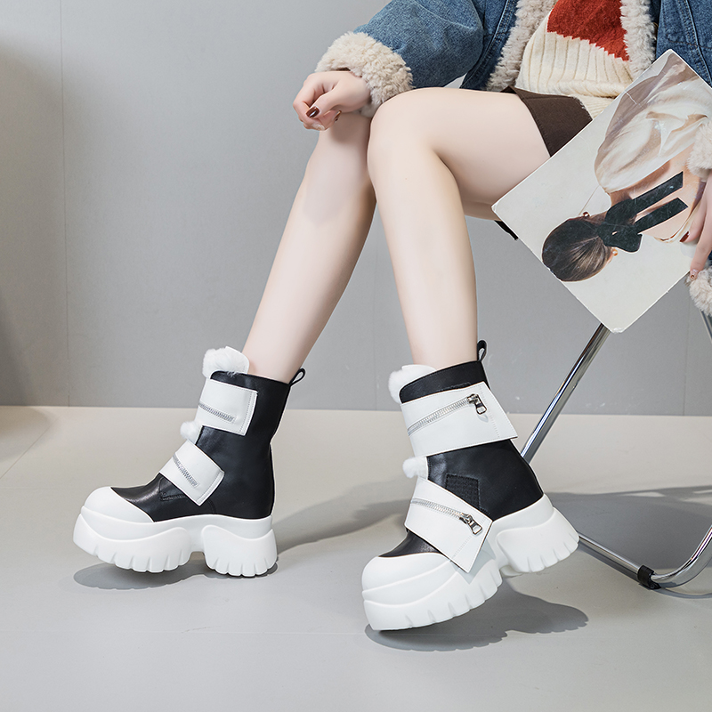 拼色棉靴短筒震地王内增高马丁靴