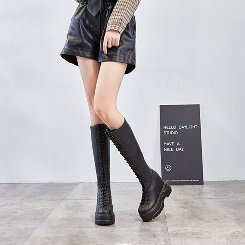 震地王真皮厚底英伦不过膝高筒靴