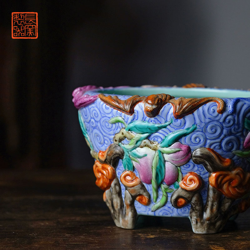 长窑重器 仿乾隆天蓝釉暗刻堆塑寿桃洗 景德镇中式手工陶瓷仿古盆