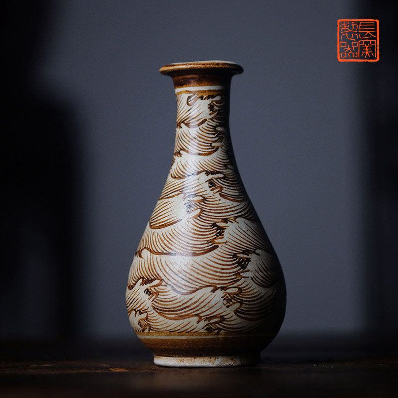 长窑制器 仿宋吉州窑海浪纹胆瓶 景德镇手工中式手绘花瓶桌面摆件