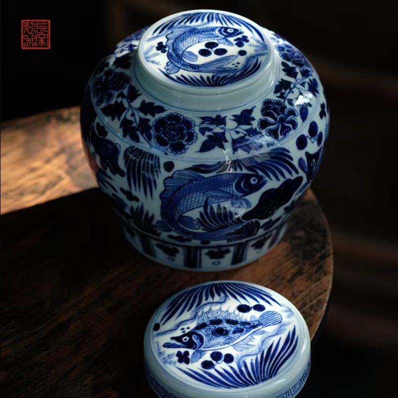 长窑制器长物居 景德镇仿古明式风格青花鱼藻龙凤缠枝双盖茶叶罐