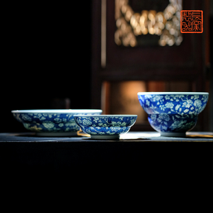 长物居 长窑制器 手绘青花留白繁花早餐折腰碗  景德镇手工瓷餐具
