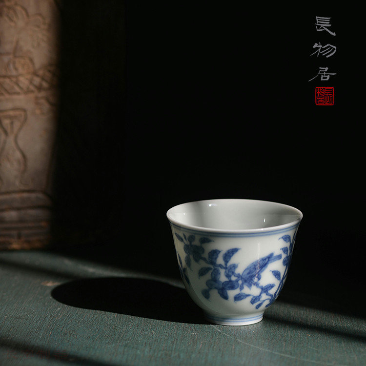长物居 手绘青花瓷花鸟小杯品茗杯功夫茶杯 景德镇手工陶瓷茶具