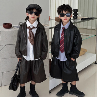 2025男童皮衣外套春秋新款 儿童时尚 潮流帅气皮夹克短裤 两件套装