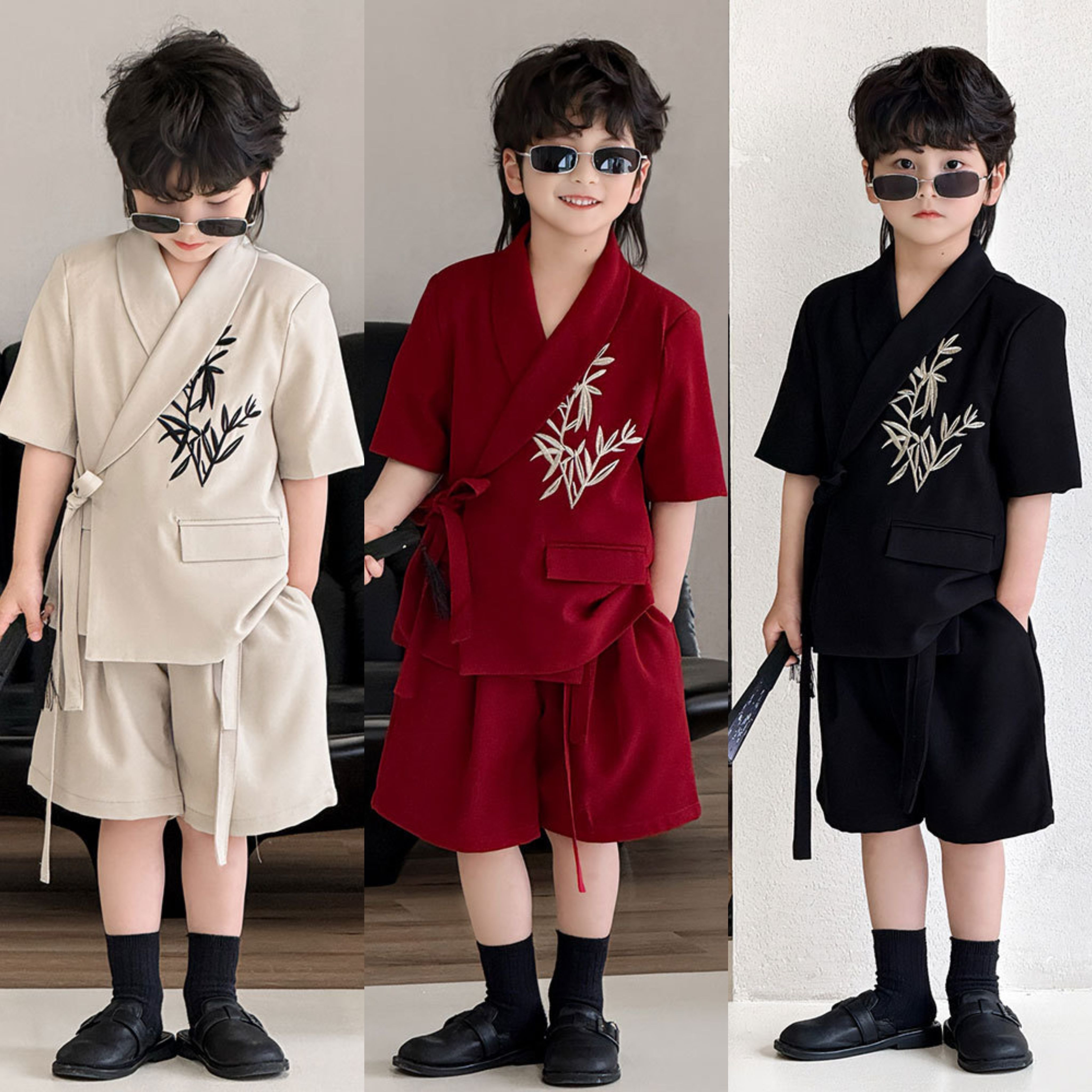 新中式男童短袖短裤小西装汉服25夏季汉服竹叶绣花唐装潮演出礼服