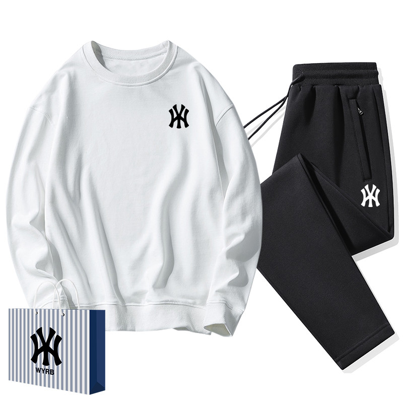 奥莱联名卫衣男士宽松圆领长袖纯棉打底衫休闲运动裤两件纯色套装