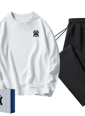 奥莱联名卫衣男士宽松圆领长袖纯棉打底衫休闲运动裤两件纯色套装