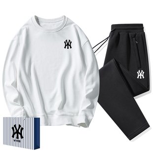 奥莱联名卫衣男士宽松圆领长袖纯棉打底衫休闲运动裤两件纯色套装