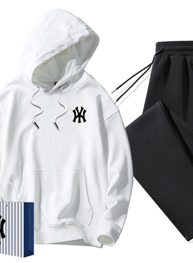 奥莱联名连帽卫衣男士宽松圆领长袖纯棉打底衫休闲运动裤两件套装