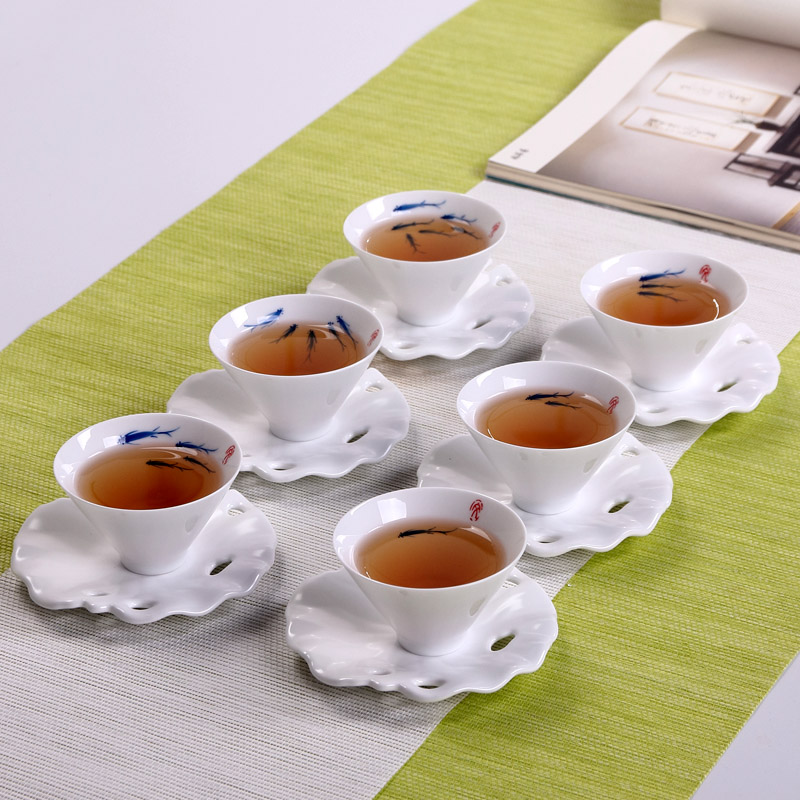 遇见茶器 陶瓷主人杯个人单杯茶杯手绘小鱼斗笠杯 白瓷品茗杯小杯