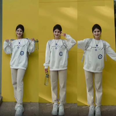 民族风蓝颜秋天卫衣男女同款圆领宽松版薄款双层复合棉面料