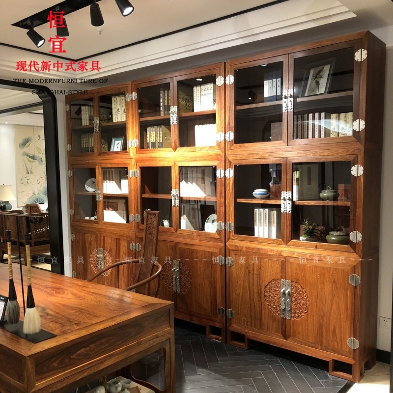 刺猬紫檀花好月圆玻璃书柜实木家具苏梨红木新中式花梨木云纹书橱