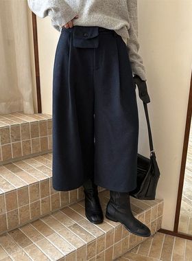 TG 时髦配腰包宽筒A字毛呢裤女2025冬季新款压褶阔腿七分裤25968