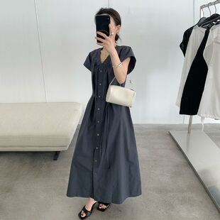 抽褶V领排扣上衣24920 文艺少女插肩小飞袖 连衣裙2025夏季 新款