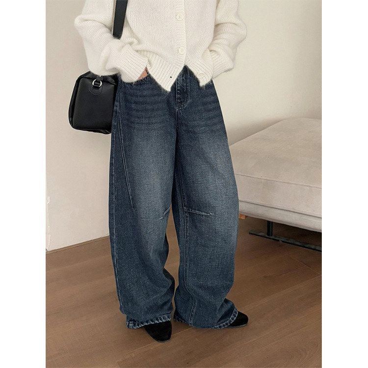 TG 造型感复古做旧抓绒牛仔裤女2025冬季新款宽松修腿厚长裤25884