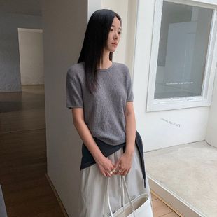 基础百搭圆领正肩毛衣25428 全羊毛短袖 针织T恤女2025秋季 新款