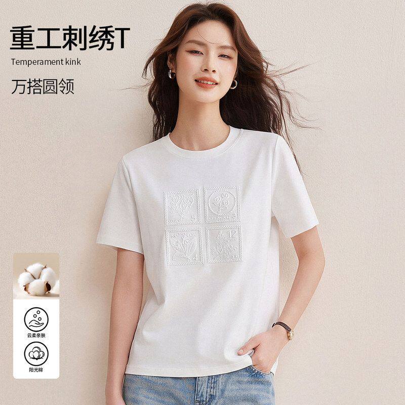 2026春夏新女装欧若风邮票图案浮雕刺绣圆领休闲通勤白色短袖T恤