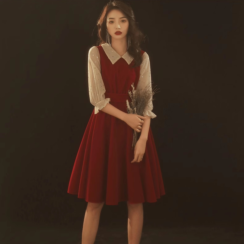 长袖新娘2025年新款答谢宴连衣裙中长款平时可穿回门娃娃领小个子
