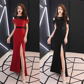 高端包臀连衣裙名媛 露肩开叉长裙2025年新款 时尚 蕾丝拼接显瘦女装