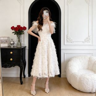 法式晚礼服轻婚纱领证一字肩礼服裙生日宴会白色A字裙中长款裙子