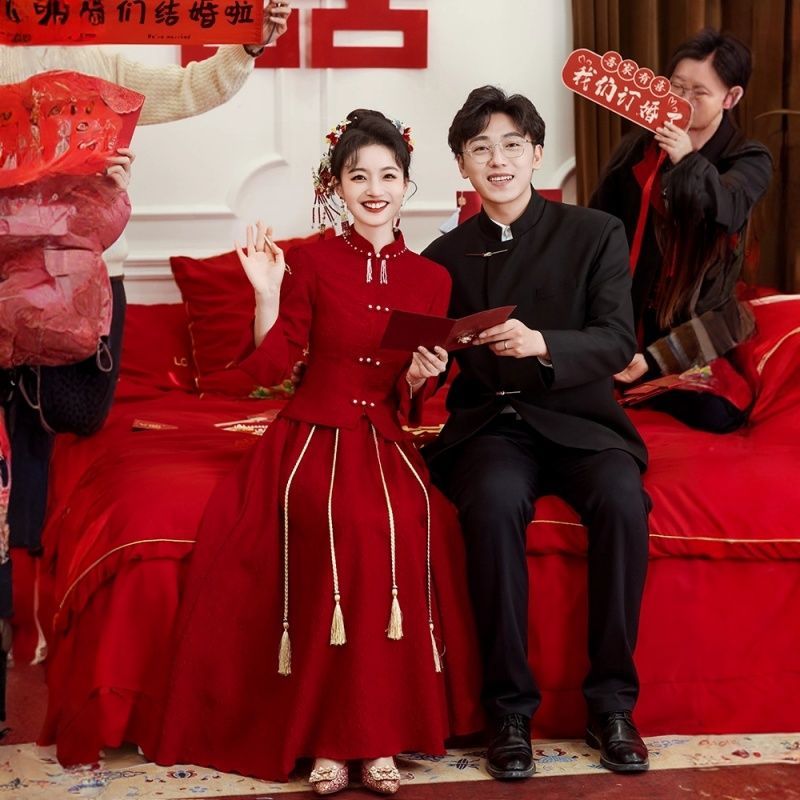 新中式旗袍敬酒服新娘2025新款酒红色小个子订婚结婚礼服女回门服