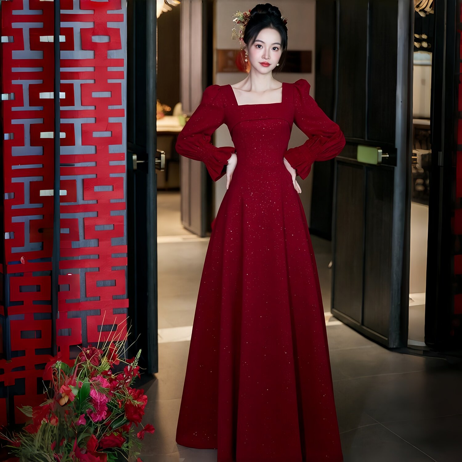 法式红色长袖A字礼服裙女敬酒服新娘结婚订婚宴会小个子婚礼服裙