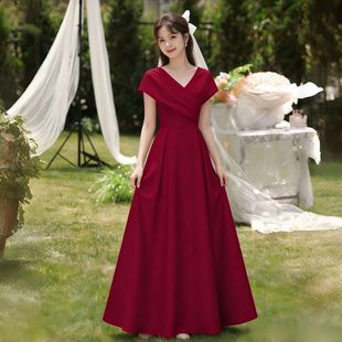 简约深V领红色长款A字晚礼服女婚礼订婚气质连衣裙红色平时可穿裙