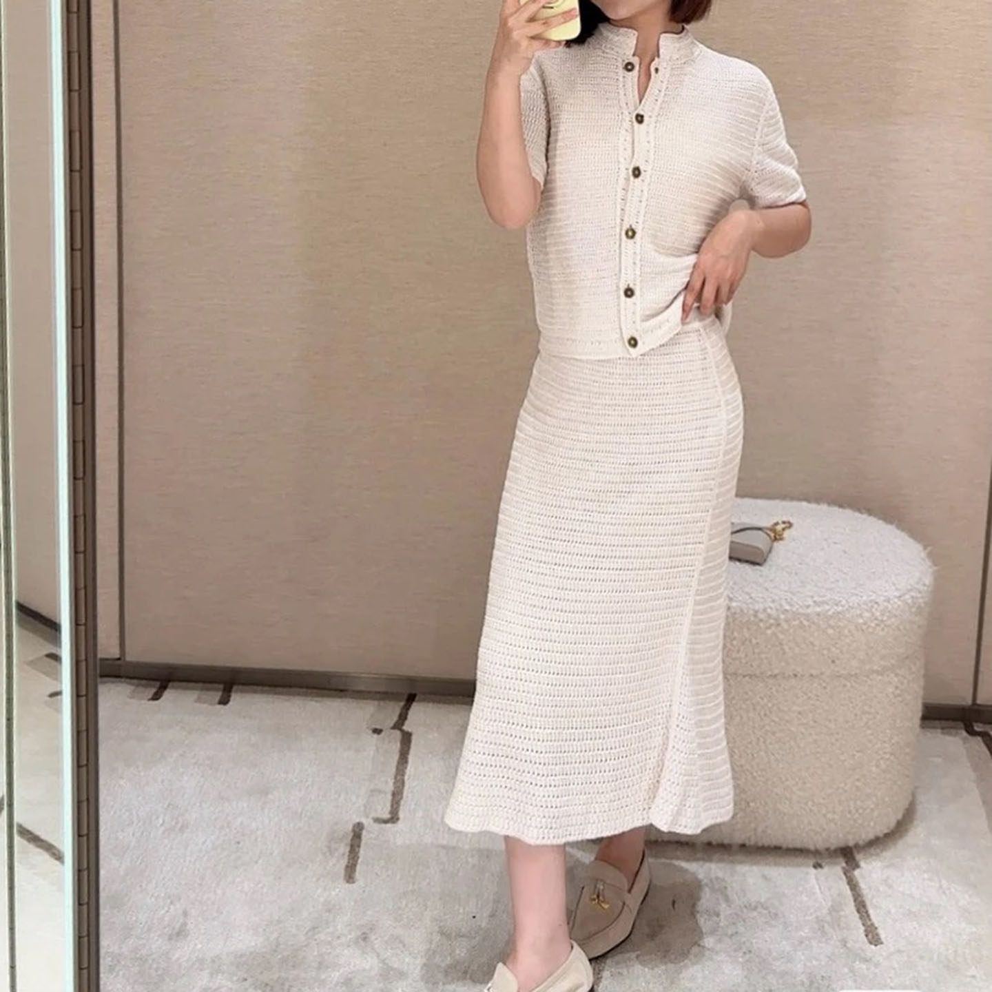 丝亚麻老钱风钩针上衣半裙套装女