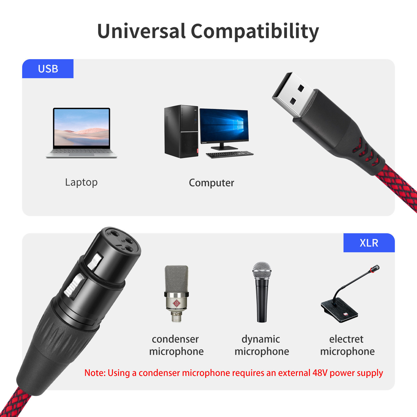 内置解码芯片USB公转卡农母 Female xlr to USB录音线1米2米3米