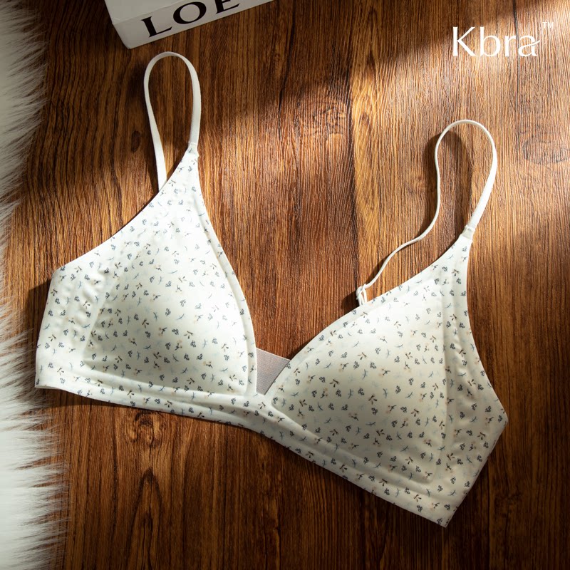 Kbra牛奶缎法式深V领内衣女夏细肩带无痕三角杯小胸无钢圈文胸薄