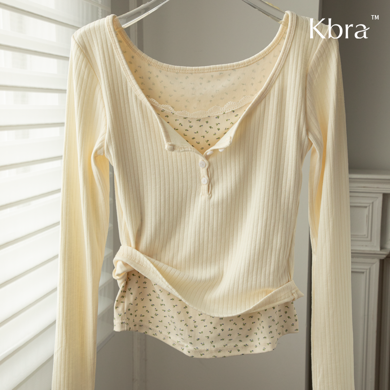 Kbra假两件蕾丝花边打底衫秋季
