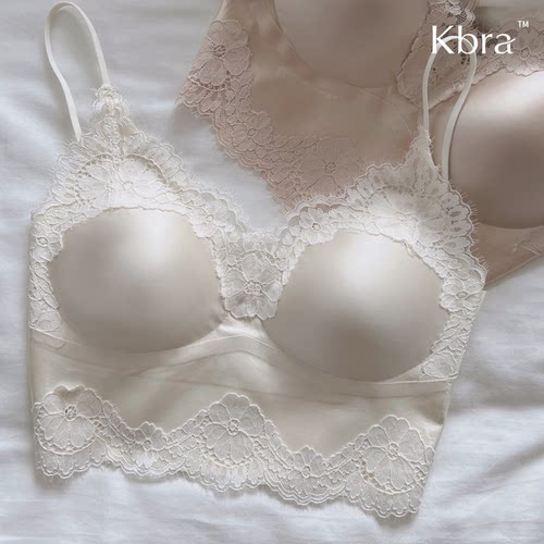 Kbra缎面法式蕾丝内衣女无痕文胸