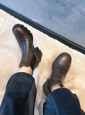 秋冬战靴带足弓支撑BORN原厂产高跟牛皮轻便切尔西短靴真皮烟筒靴