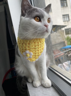 猫咪狗狗宠物手工钩织口水巾围脖可爱小花黄色纯手工钩织成品