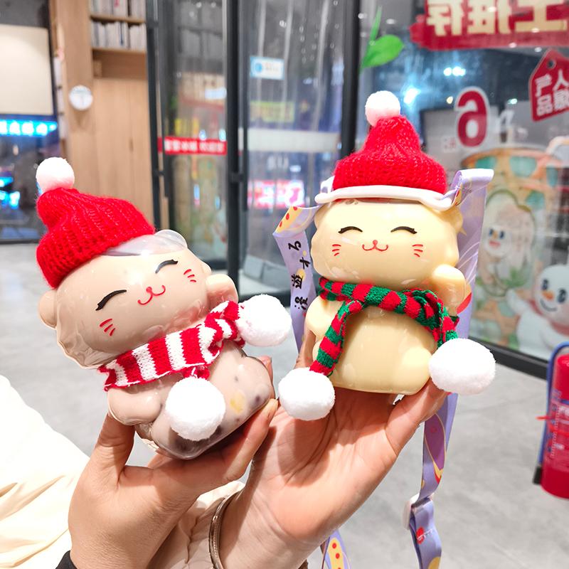 网红圣诞小熊奶茶瓶子杨枝甘露塑料瓶动物杯子带盖商用饮料果汁瓶