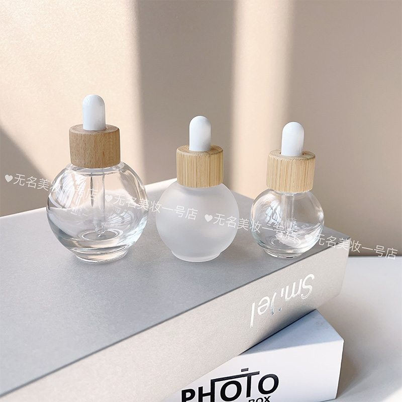 高档竹盖滴管瓶30毫升精油化妆品精华液透明玻璃蒙砂瓶分装瓶50ML