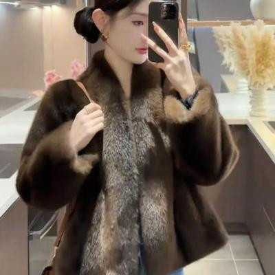周粥老钱风气质皮毛一体显瘦仿皮草外套麂皮绒环保中古水貂毛上衣