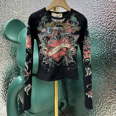 Ed女士玫瑰红心烫钻圆领长袖T恤