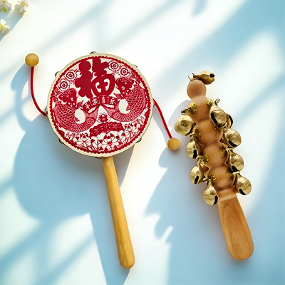 启蒙礼拨浪鼓可啃咬婴儿玩具羊皮国风非遗窗花鼓面传统老手工哄娃