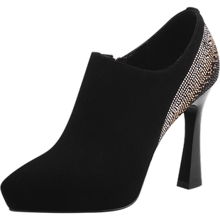 磨砂真皮水钻尖头深口细跟单鞋春季新款33小码女防水台高跟鞋