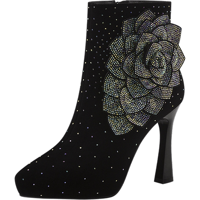 磨砂水钻花朵秋冬季尖头细跟短靴